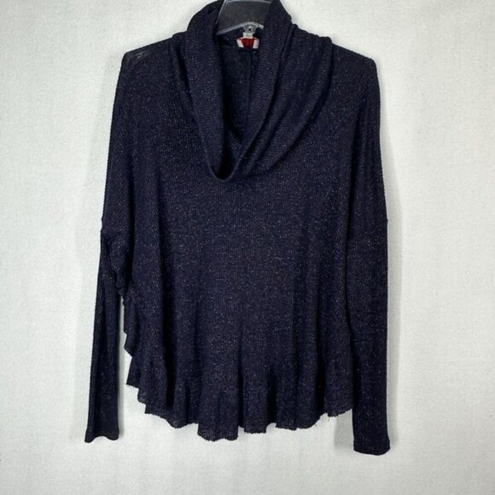 Anthropologie Postmark Orly Sweater XS./S Blue Metallic Ruffle Cowl Neck Top